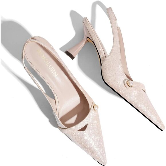🆕Rose Gold Faux Leather Slingback Kitten Heels, Pearl Accent, Closed Toe Pumps - Picture 3 of 7